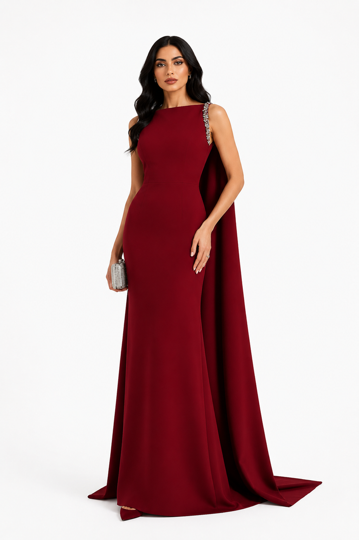 Crystal Strap Cape Maxi Dress - Garnet