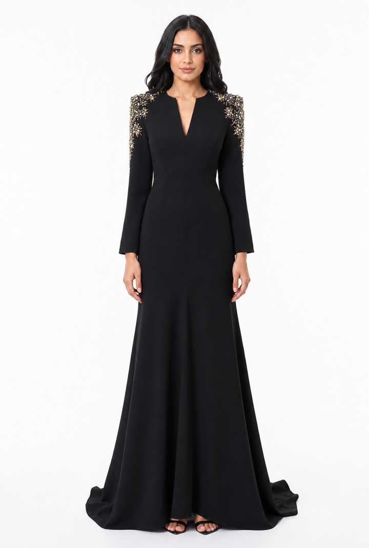 Crystal Embellished Shoulder Mermaid Maxi Dress - Amethyst
