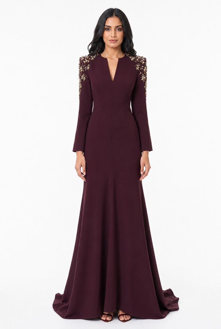 Crystal Embellished Shoulder Mermaid Maxi Dress - Amethyst