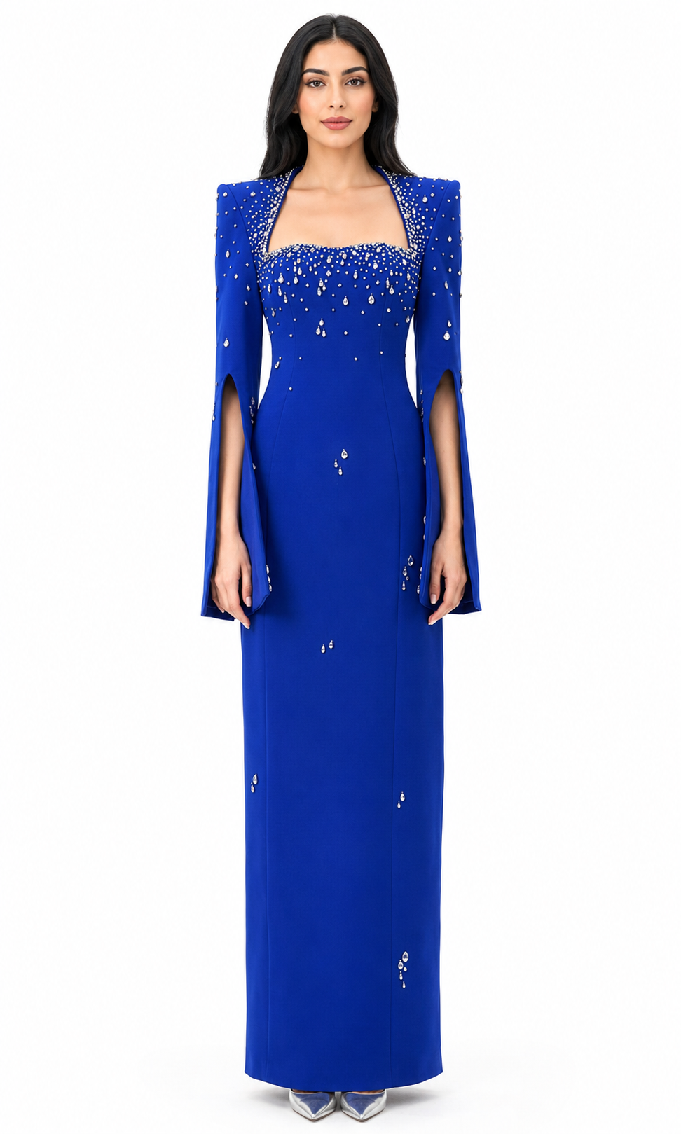 Crystal Embellished Cape Sleeve Maxi Dress - Lizra