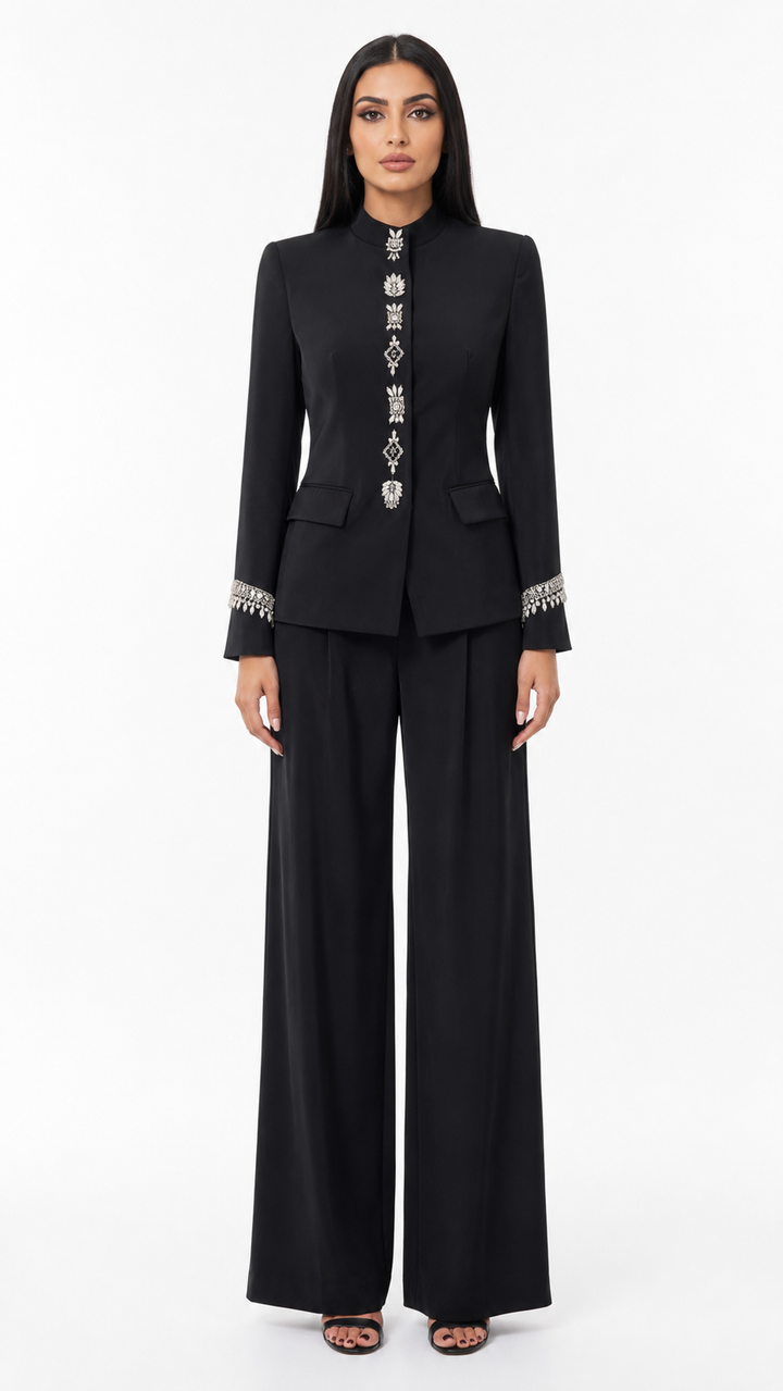 Crystal Button Tailored Blazer & Wide-Leg Pants Set - Aria