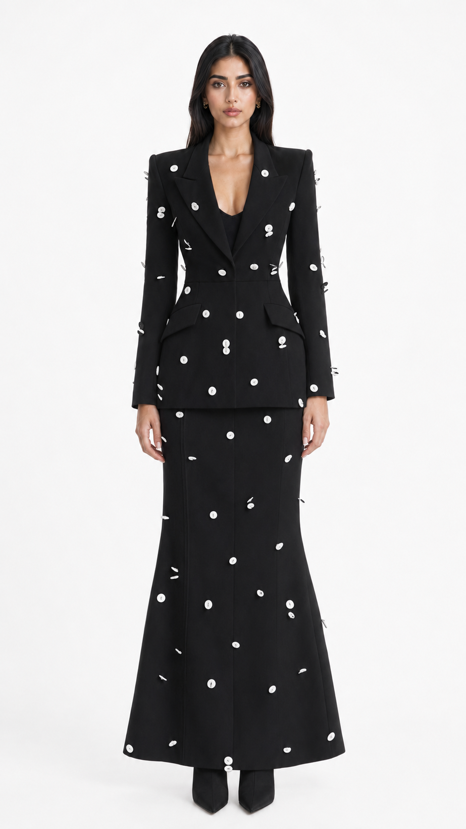 Colorblock Polka Dot Tailored Blazer & Pencil Skirt Set - Celeste