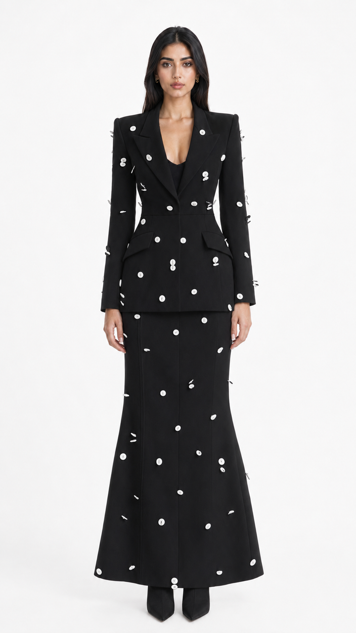 Colorblock Polka Dot Tailored Blazer & Pencil Skirt Set - Celeste