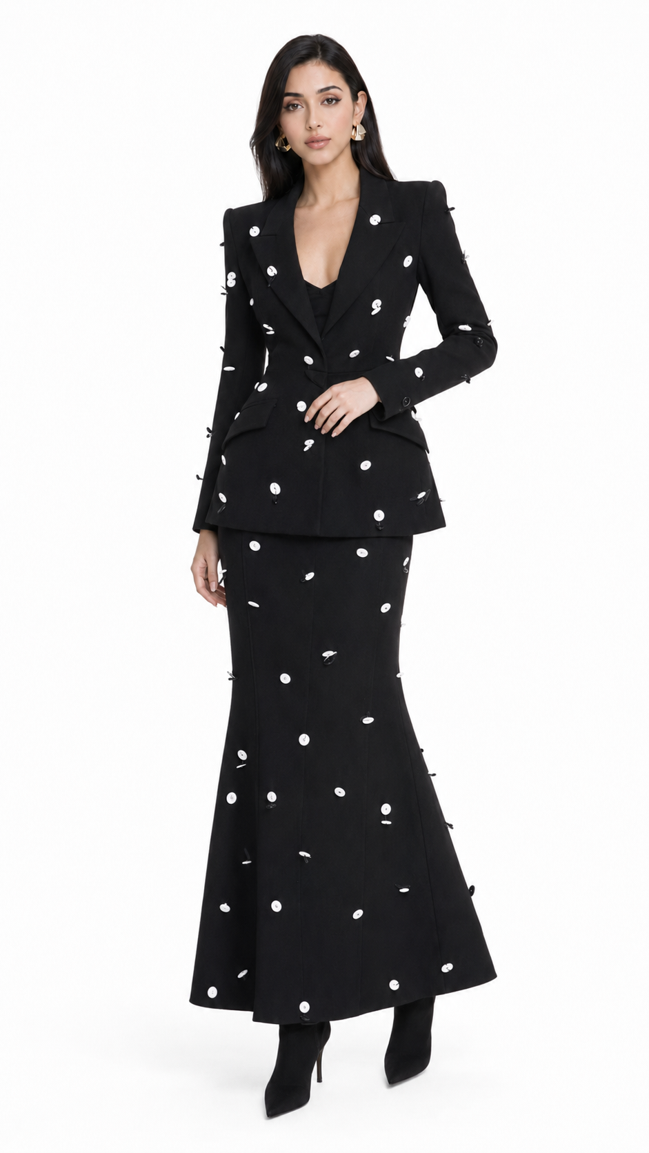 Colorblock Polka Dot Tailored Blazer & Pencil Skirt Set - Celeste