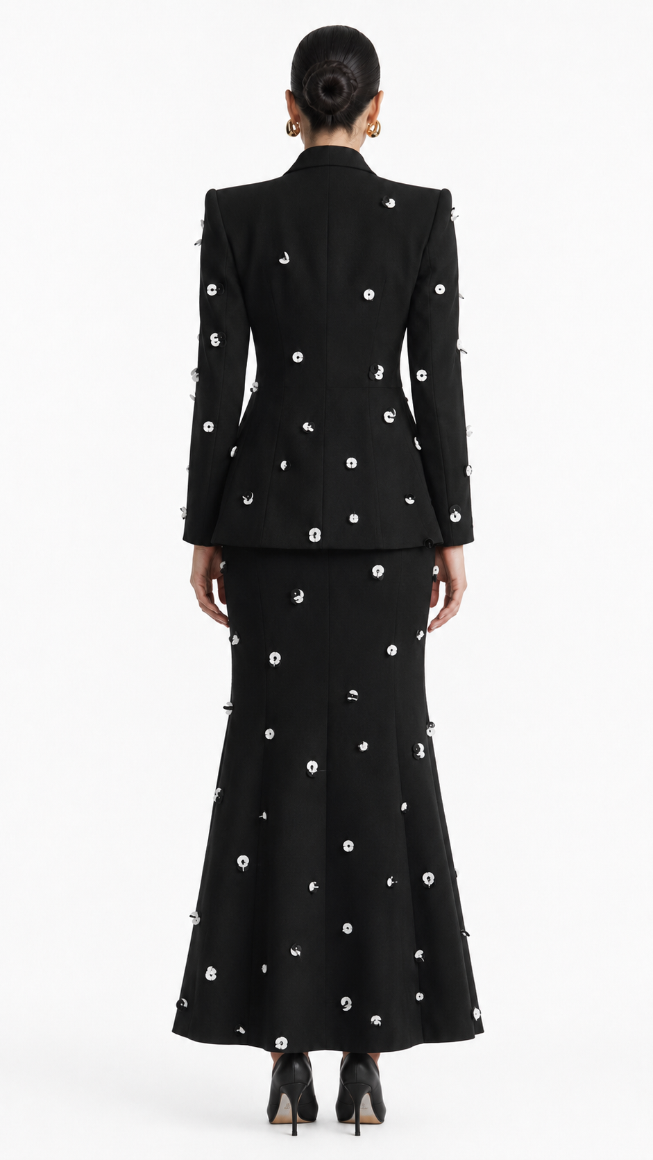 Colorblock Polka Dot Tailored Blazer & Pencil Skirt Set - Celeste