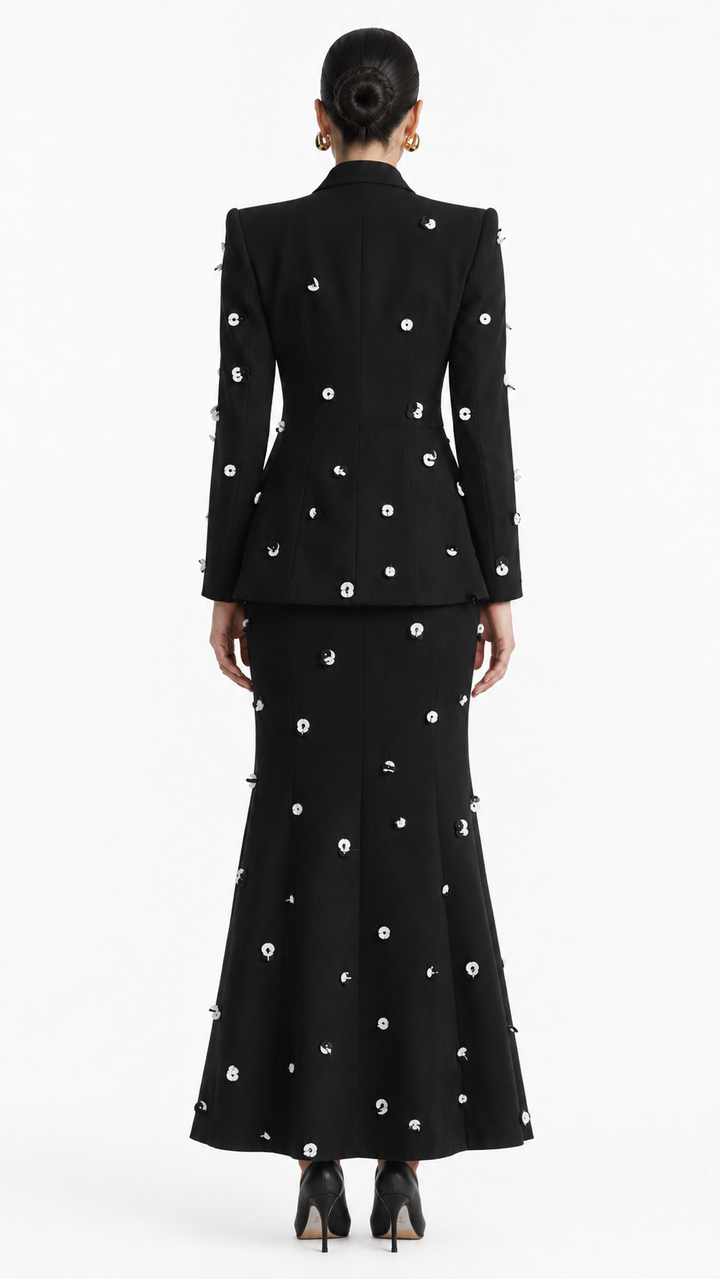 Colorblock Polka Dot Tailored Blazer & Pencil Skirt Set - Celeste
