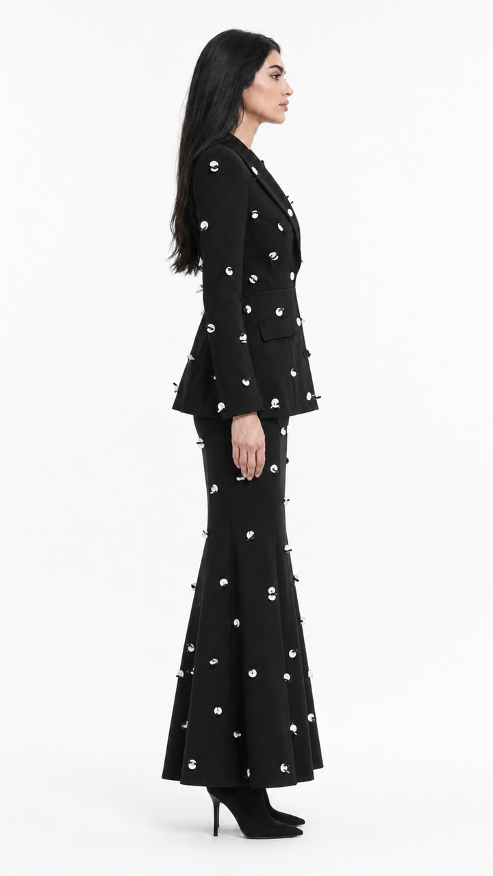 Colorblock Polka Dot Tailored Blazer & Pencil Skirt Set - Celeste