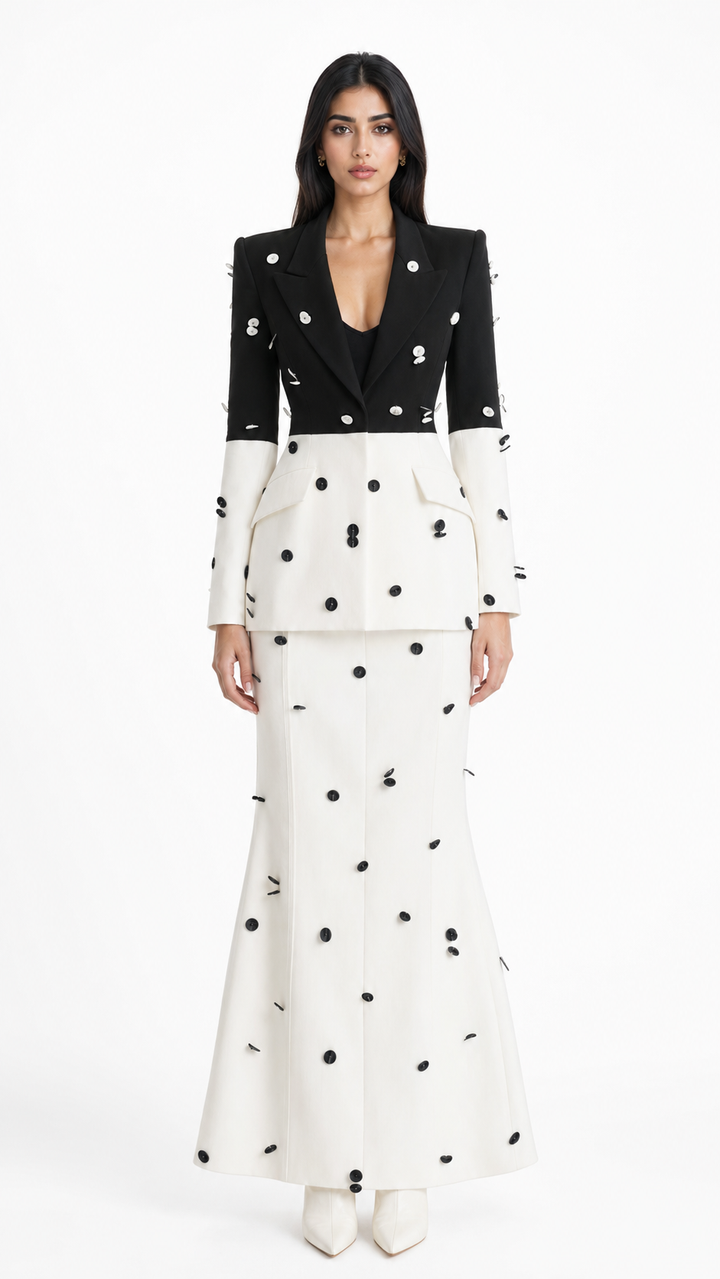 Colorblock Polka Dot Tailored Blazer & Pencil Skirt Set - Celeste