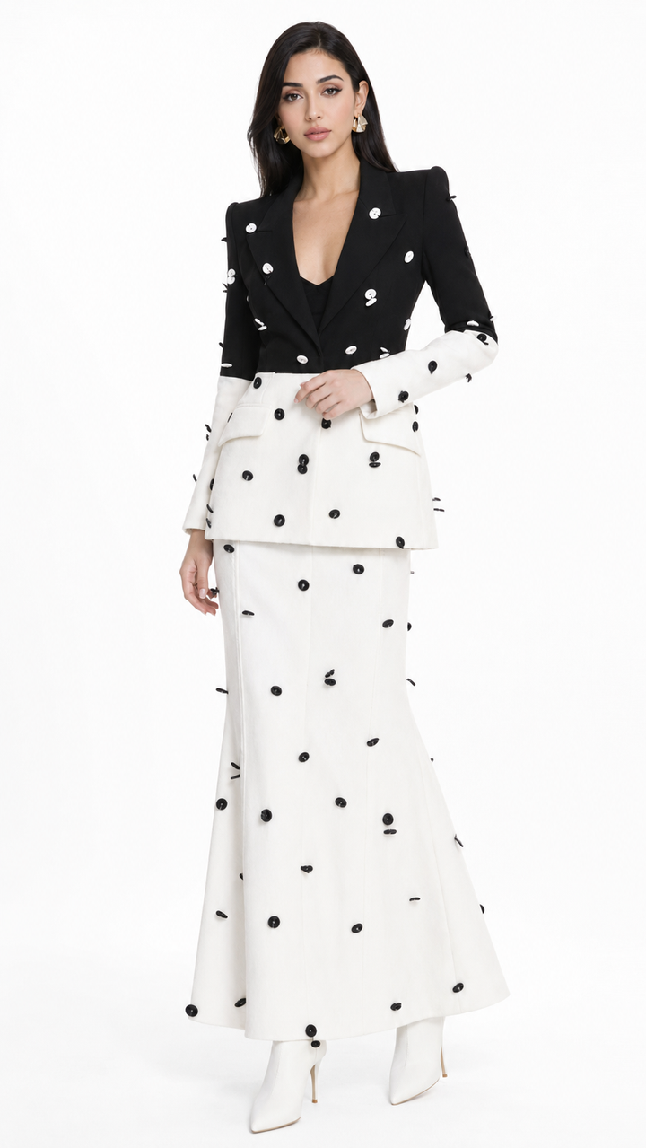 Colorblock Polka Dot Tailored Blazer & Pencil Skirt Set - Celeste