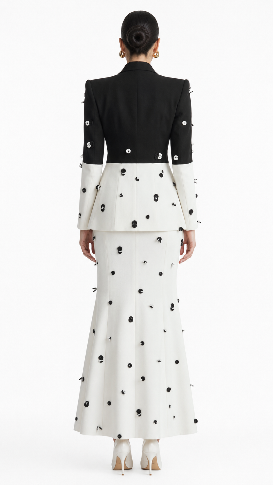 Colorblock Polka Dot Tailored Blazer & Pencil Skirt Set - Celeste