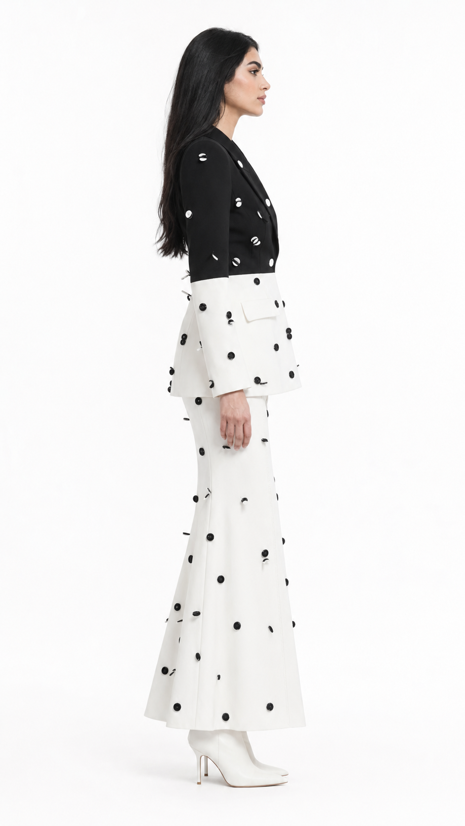 Colorblock Polka Dot Tailored Blazer & Pencil Skirt Set - Celeste