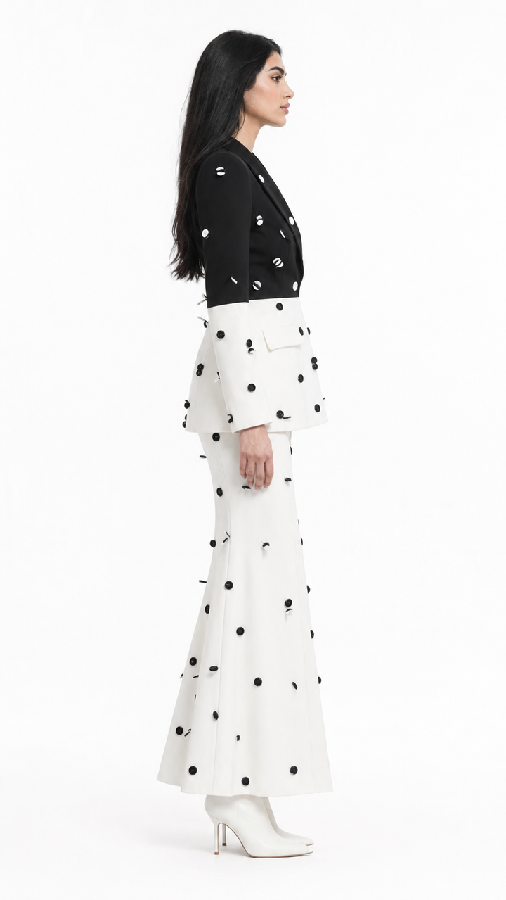Colorblock Polka Dot Tailored Blazer & Pencil Skirt Set - Celeste