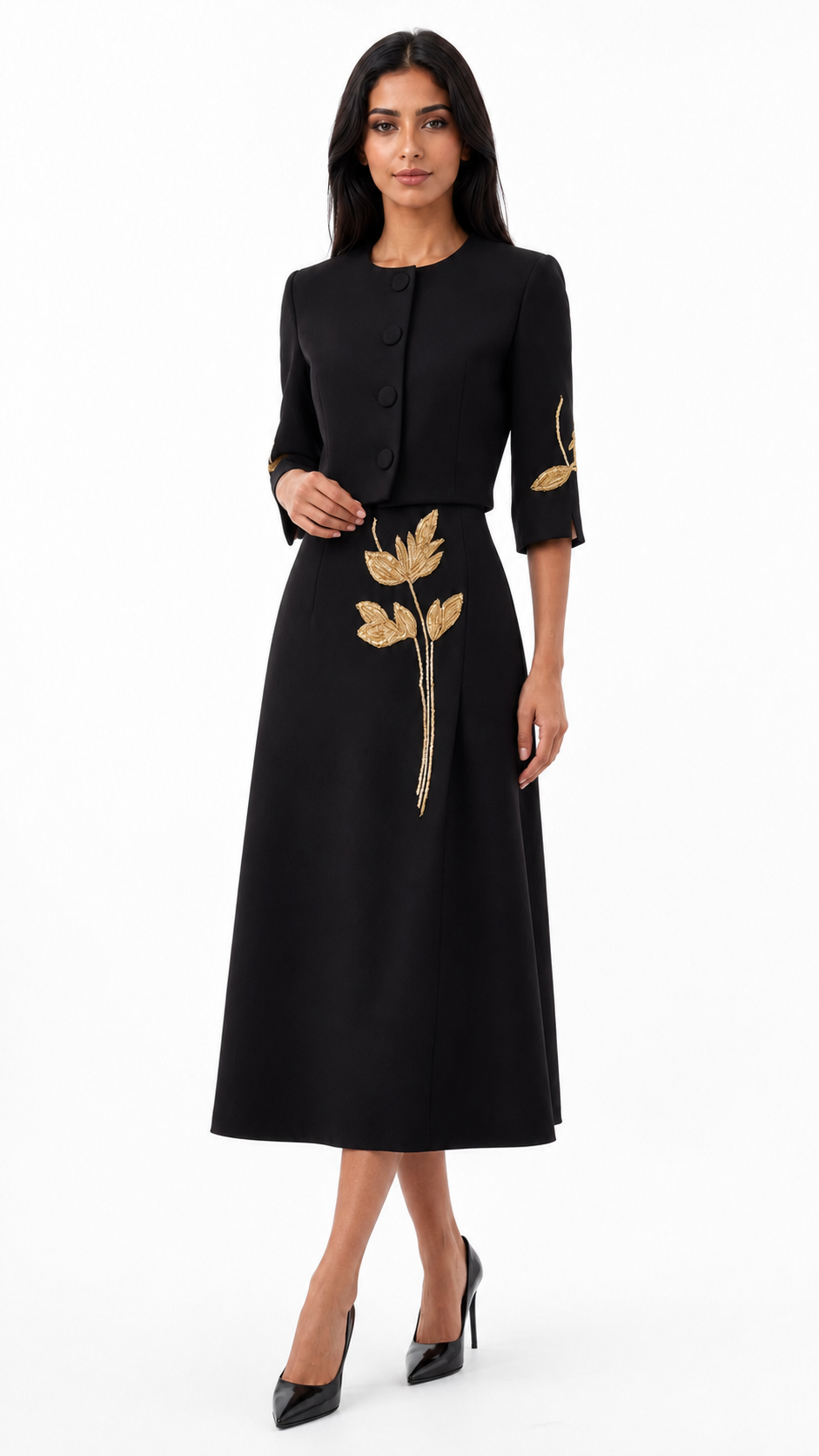 Embroidered Cropped Jacket & Midi Skirt Set - Vera