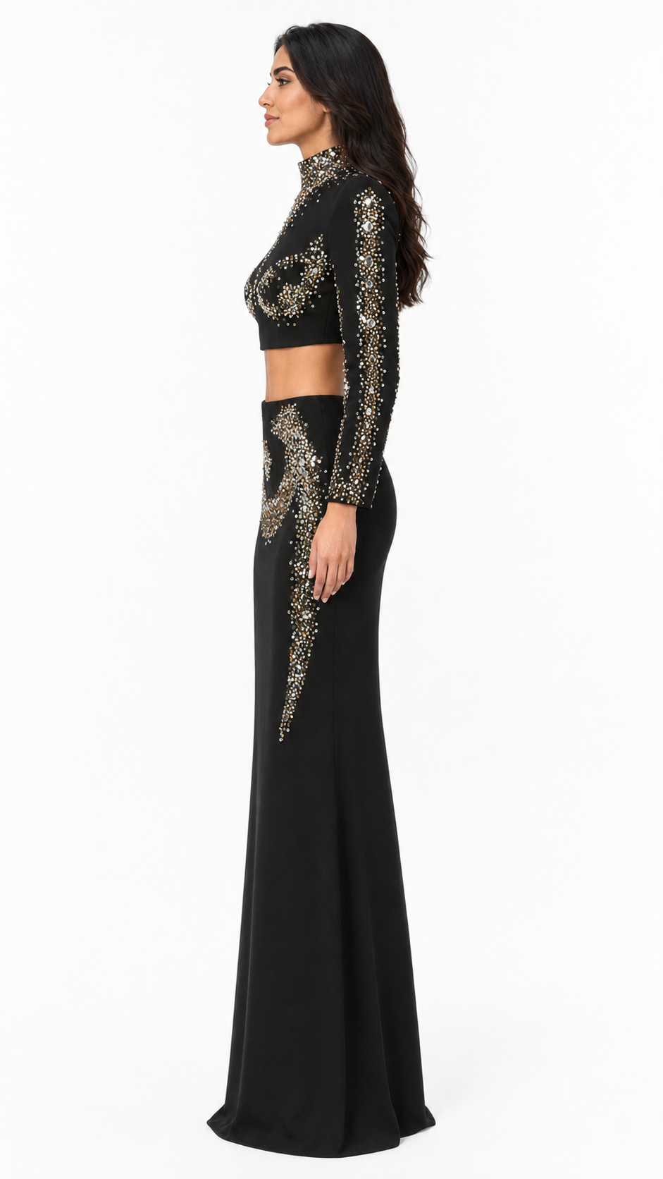 Black Crystal Embellished Two-Piece Evening Set – Elara