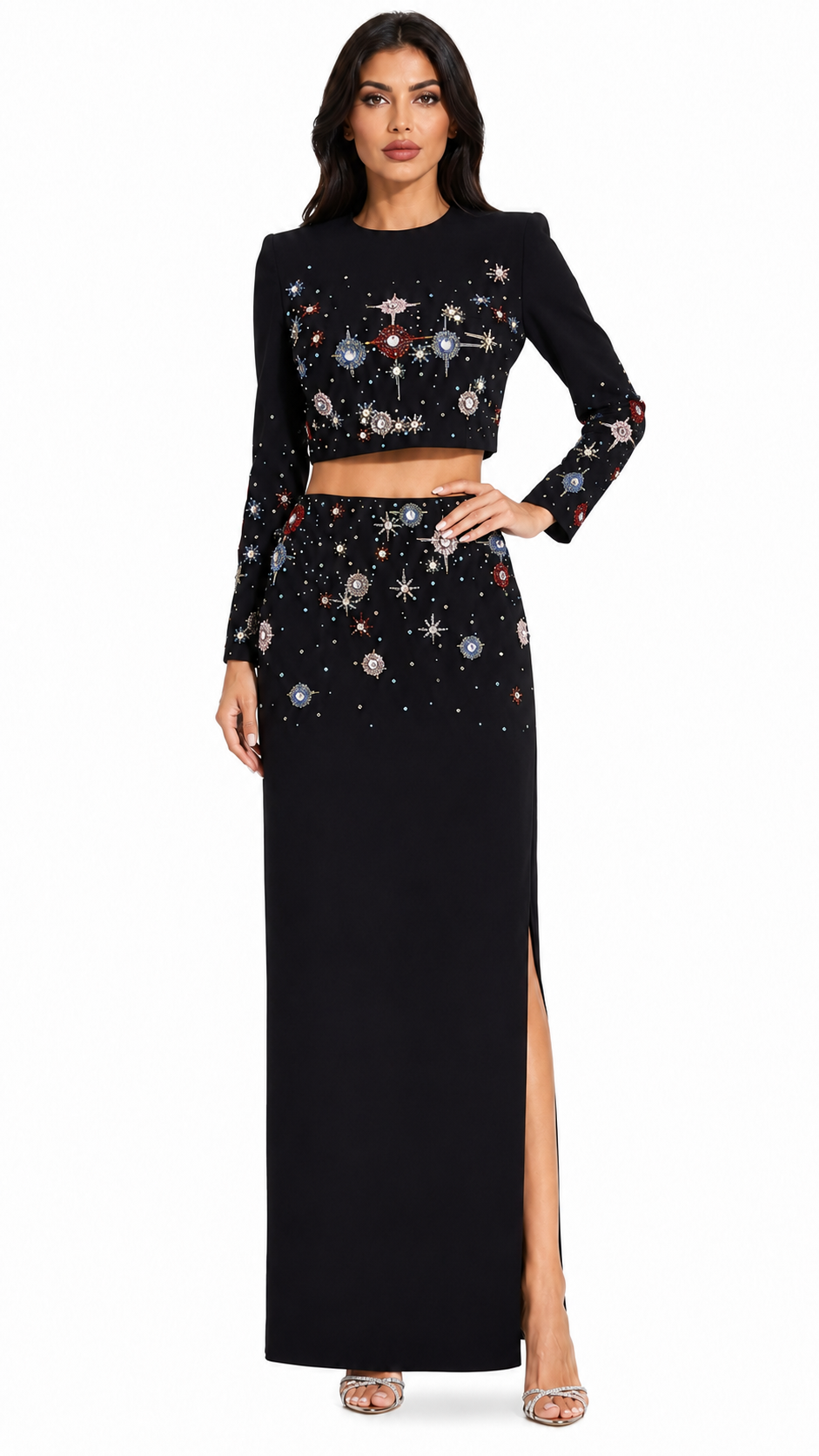 Black Celestial Embellished Two-Piece Evening Set – Celeste