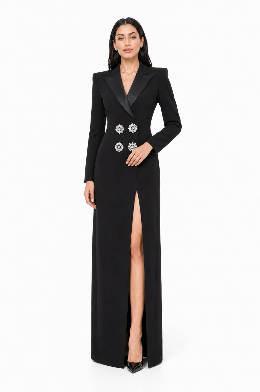 Black Crystal Embellished Blazer Evening Gown – Elara