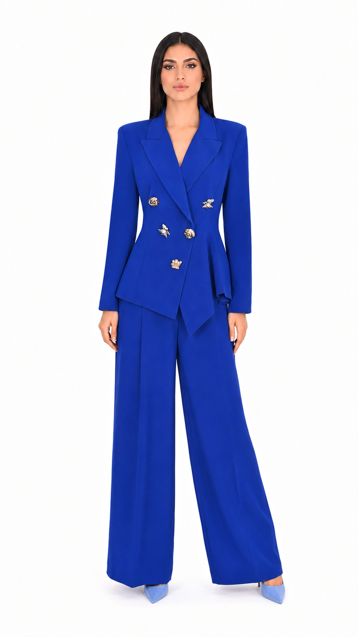 Royal Blue Embellished Asymmetric Blazer & Wide-Leg Pants Set – ELARA