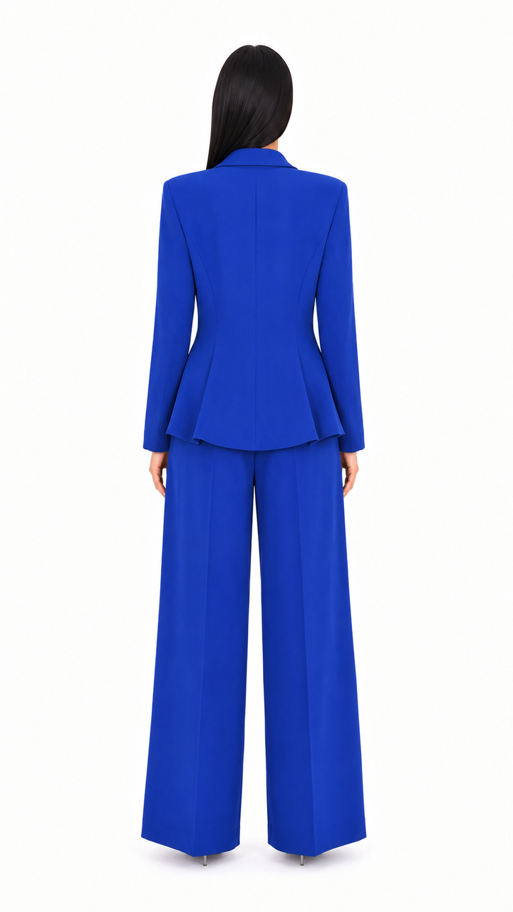 Royal Blue Embellished Asymmetric Blazer & Wide-Leg Pants Set – ELARA