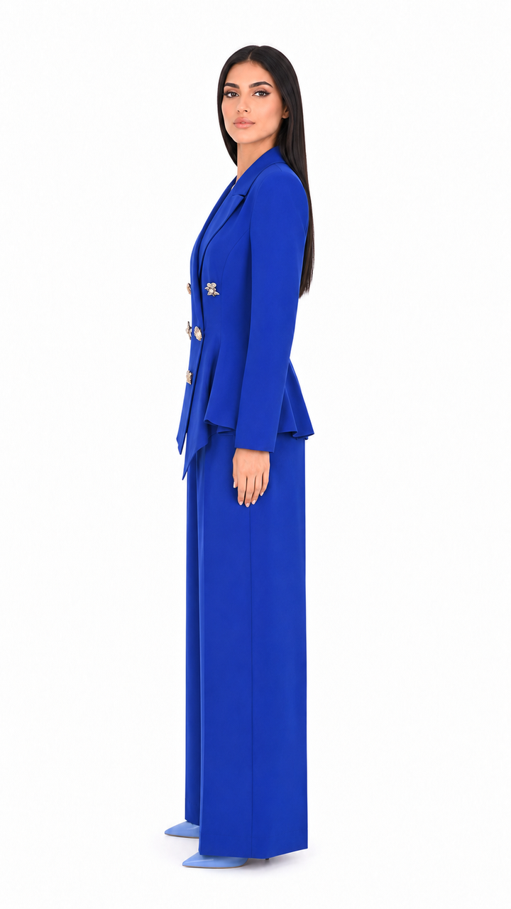Royal Blue Embellished Asymmetric Blazer & Wide-Leg Pants Set – ELARA