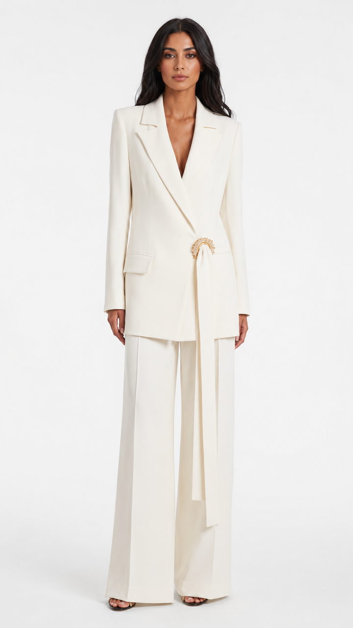 Ivory Draped Buckle Blazer & Wide-Leg Pants Suit Set – ARIA