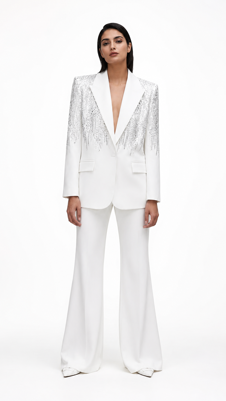 White Sequin Embellished Blazer & Wide-Leg Pants Suit Set – NOVA