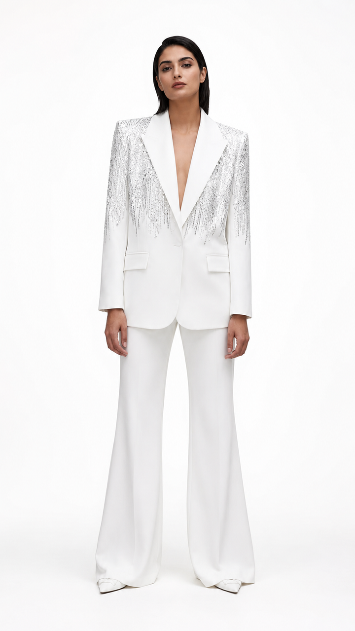 White Sequin Embellished Blazer & Wide-Leg Pants Suit Set – NOVA