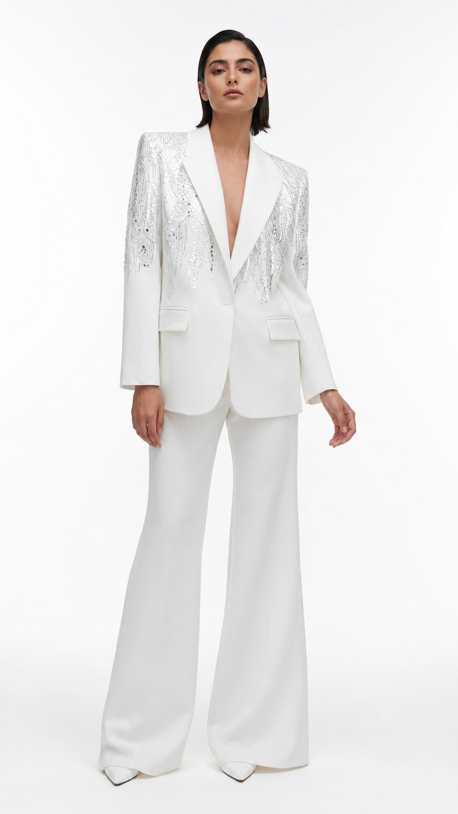 White Sequin Embellished Blazer & Wide-Leg Pants Suit Set – NOVA
