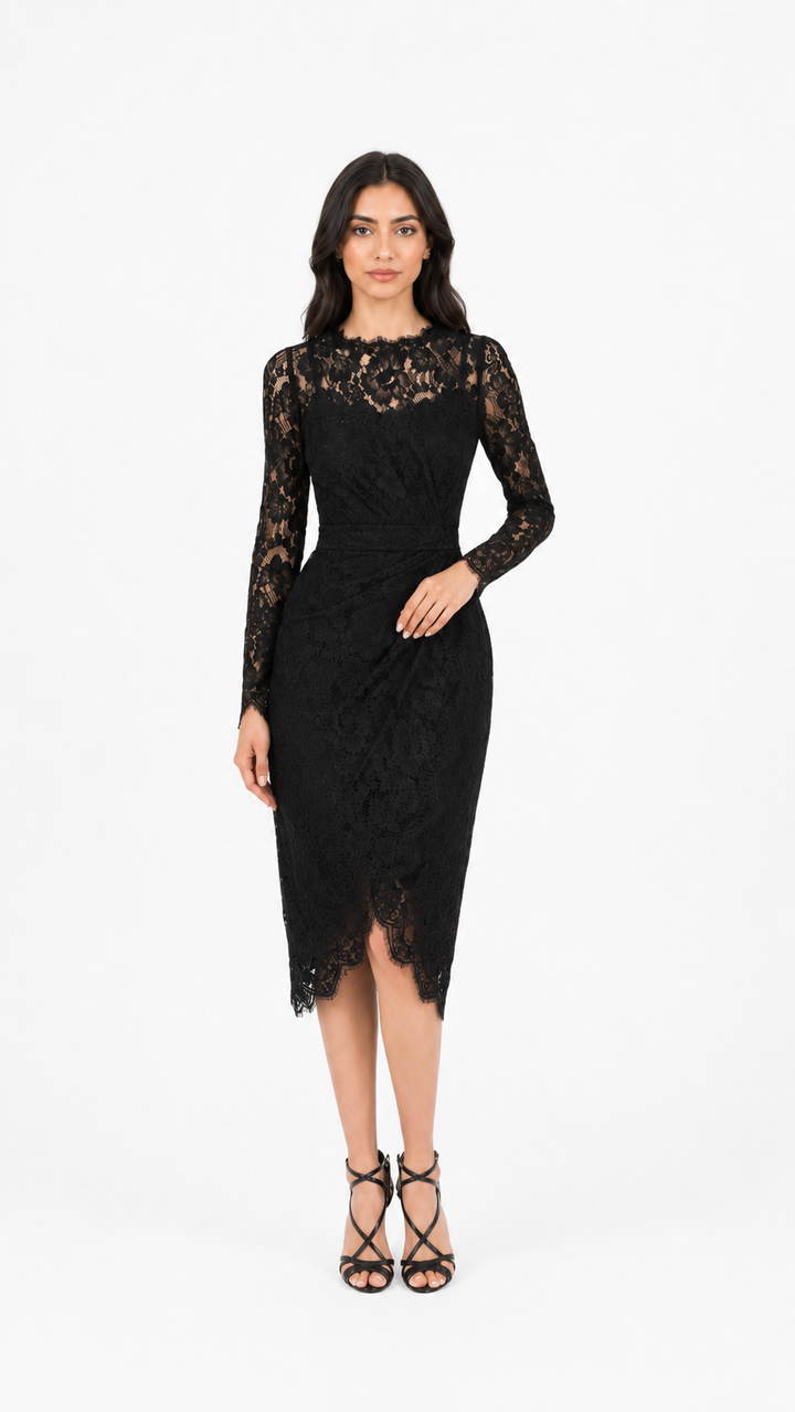 Black Lace Long-Sleeve Midi Dress – Celeste