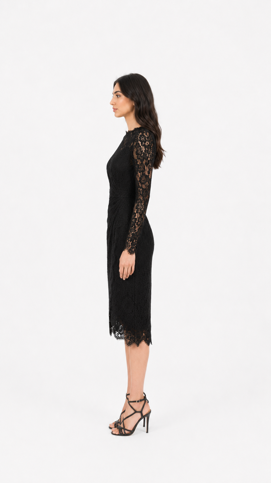 Black Lace Long-Sleeve Midi Dress – Celeste