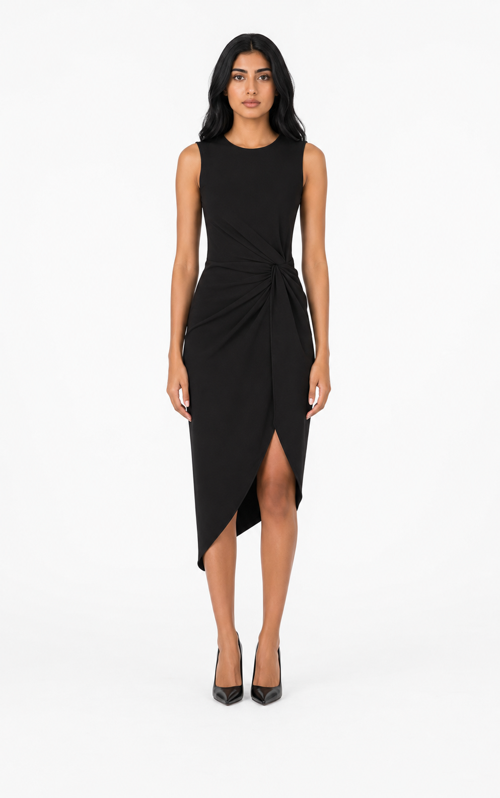 Black Ruched Asymmetric Midi Dress – Vera –