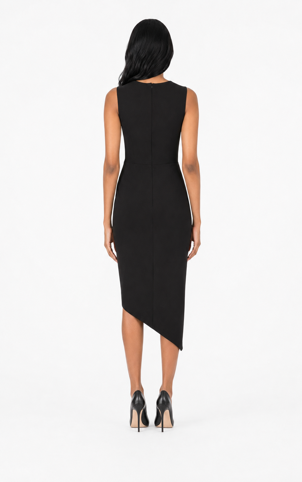 Black Ruched Asymmetric Midi Dress – Vera
