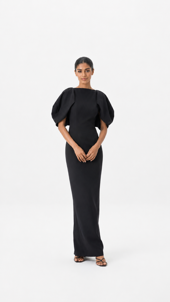 Black Cape-Sleeve Maxi Dress – Stella