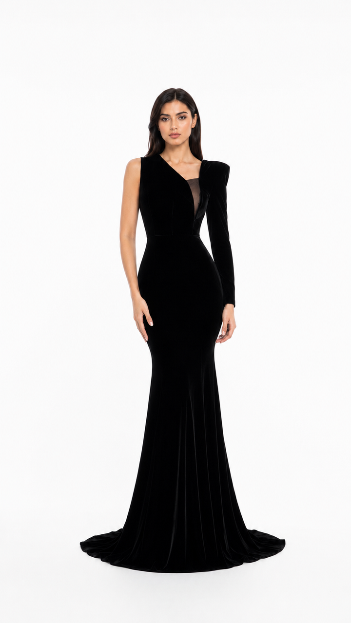 Black Velvet Asymmetric-Sleeve Maxi Dress – Elvire