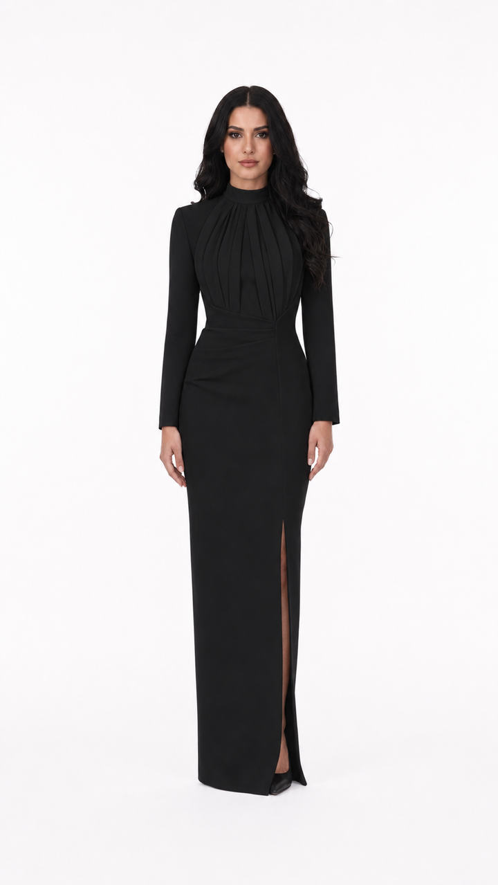 Ivory High Neck Draped Split Evening Gown – STELLA