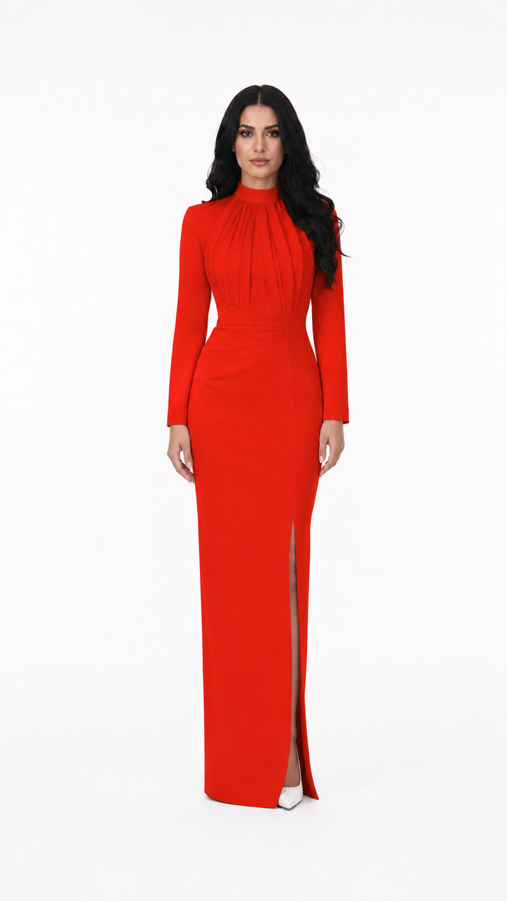 Ivory High Neck Draped Split Evening Gown – STELLA