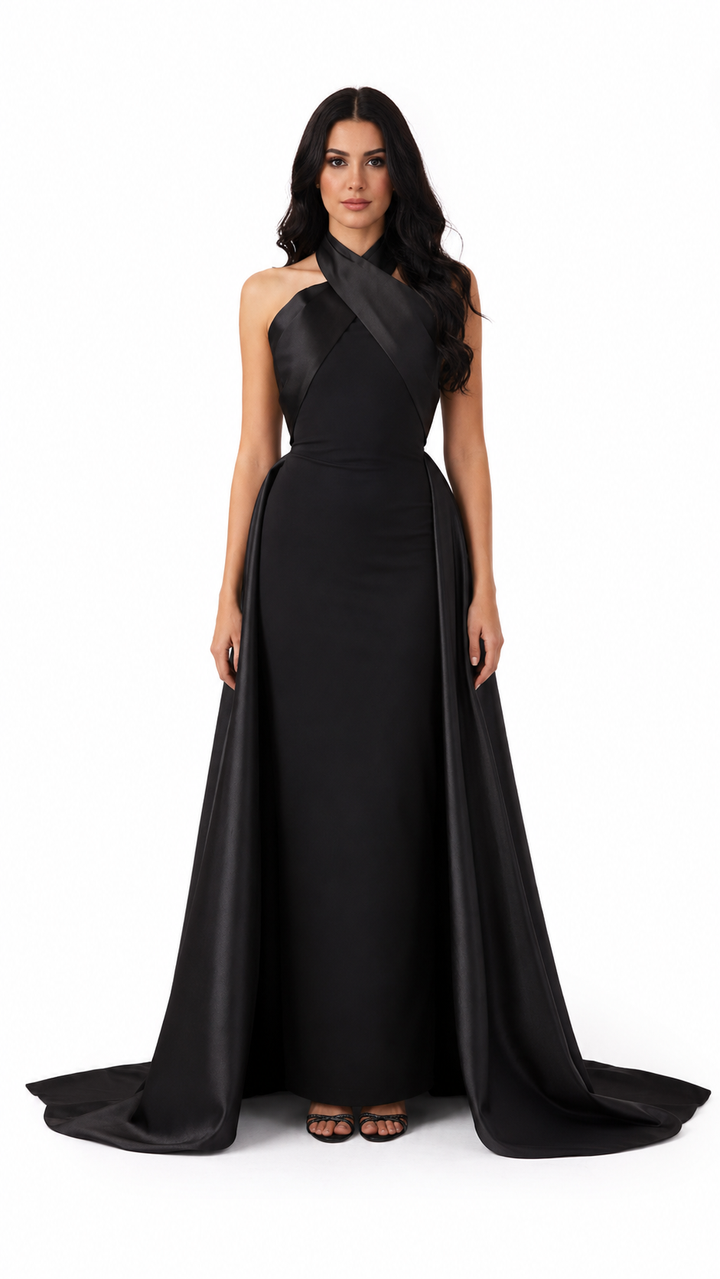 Black Cross Halter Cape Evening Gown – ELVIRE