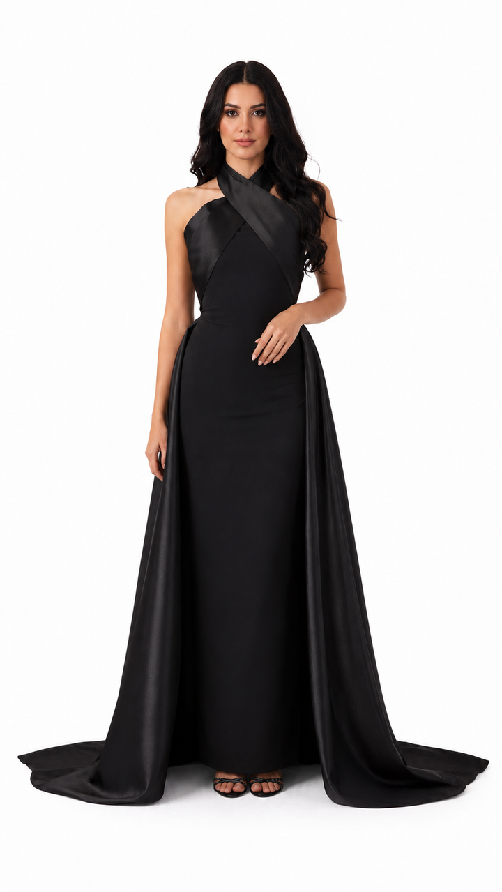Black Cross Halter Cape Evening Gown – ELVIRE