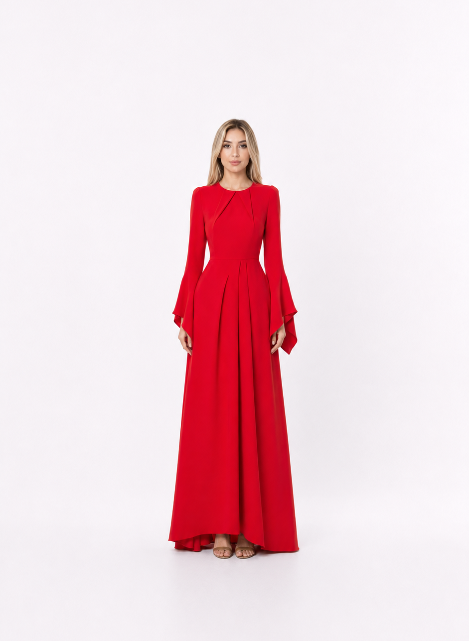 Red Bell Sleeve Pleated Maxi Dress – ROSÉVA