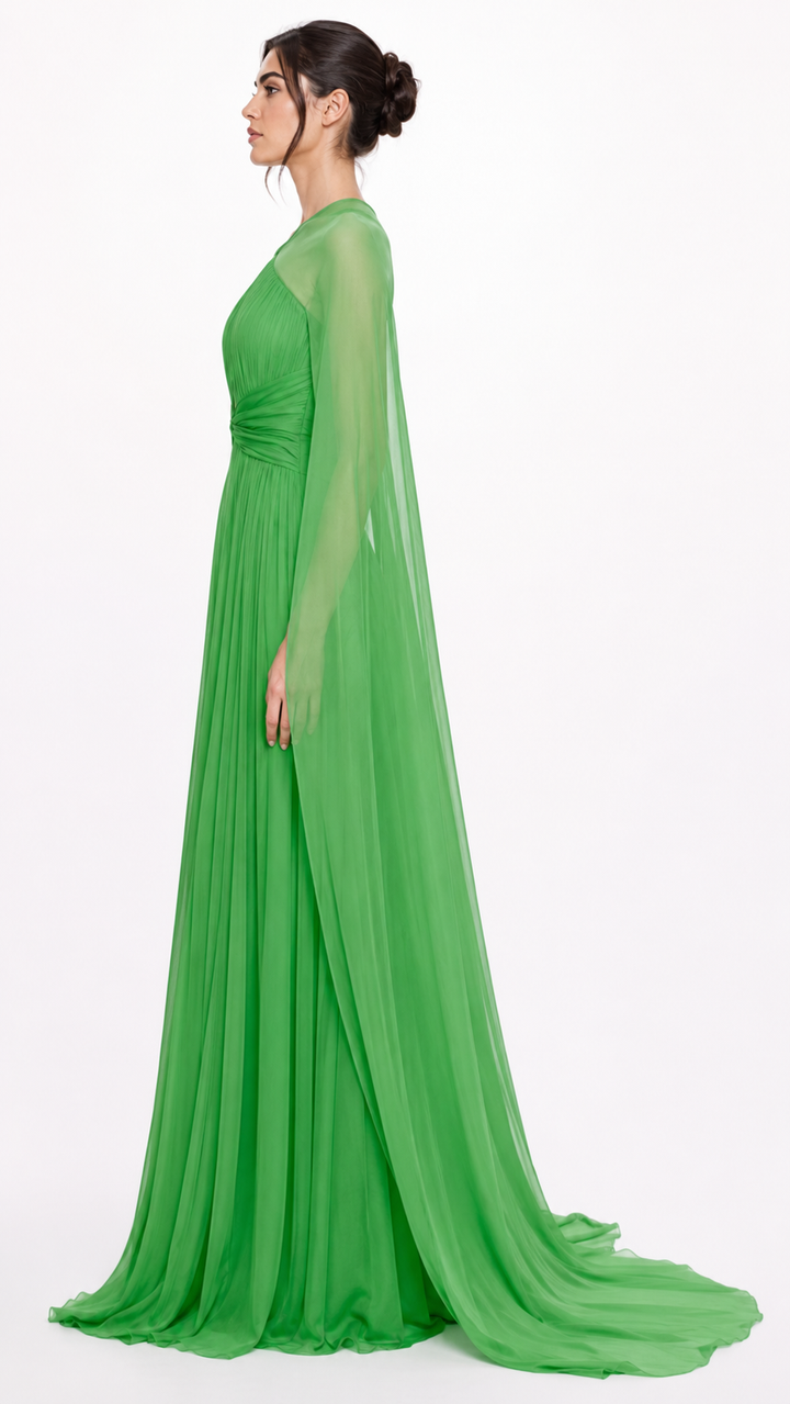 Emerald Pleated Cape Sleeve Evening Gown – CELESTE