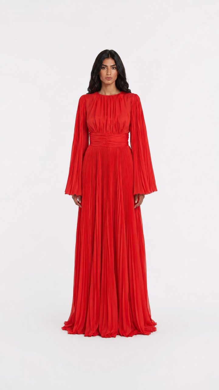 Red Pleated Chiffon Bell Sleeve Maxi Dress – ELARA
