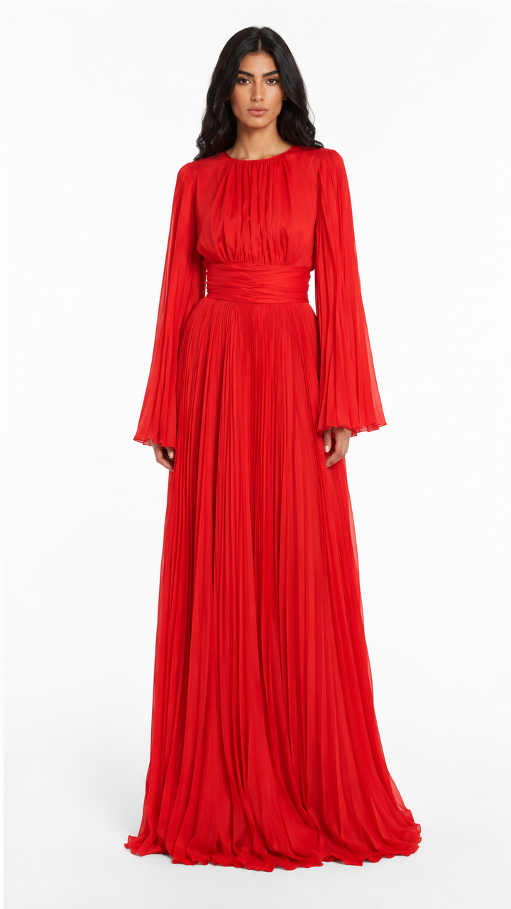 Red Pleated Chiffon Bell Sleeve Maxi Dress – ELARA