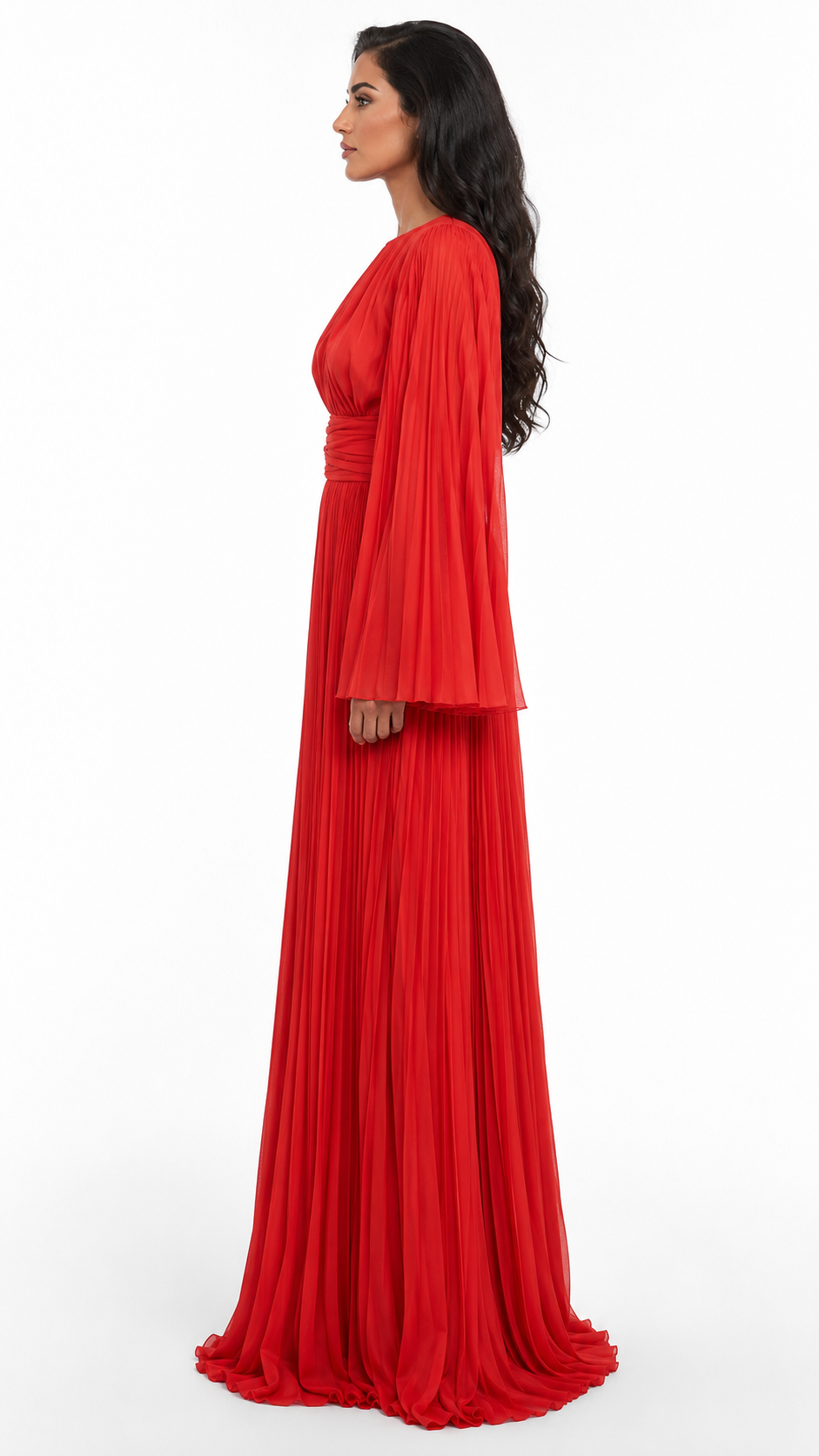 Red Pleated Chiffon Bell Sleeve Maxi Dress – ELARA