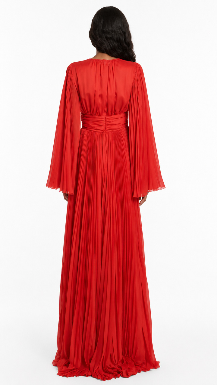 Red Pleated Chiffon Bell Sleeve Maxi Dress – ELARA