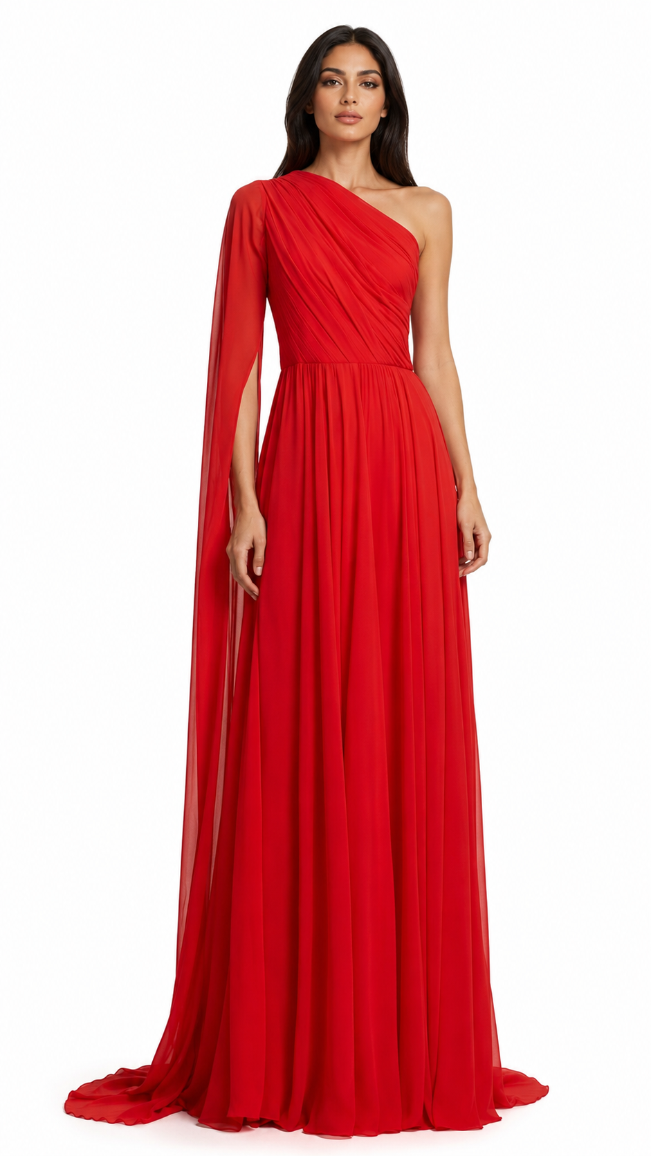 Red One-Shoulder Draped Cape Evening Gown – VALERIA