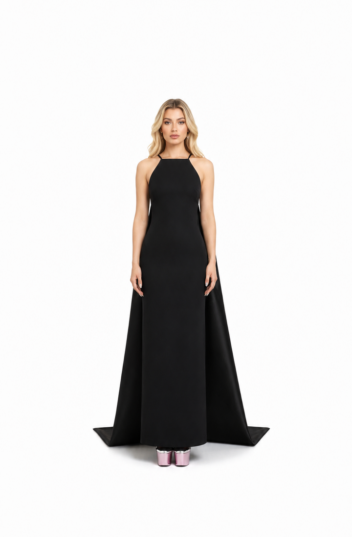 Black Halter Cape Column Evening Gown – NOILA