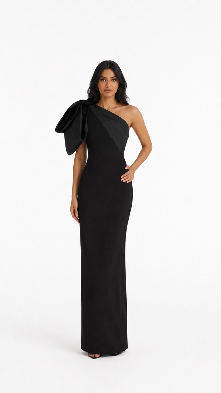 Black One-Shoulder Bow Column Evening Gown – LOIRA