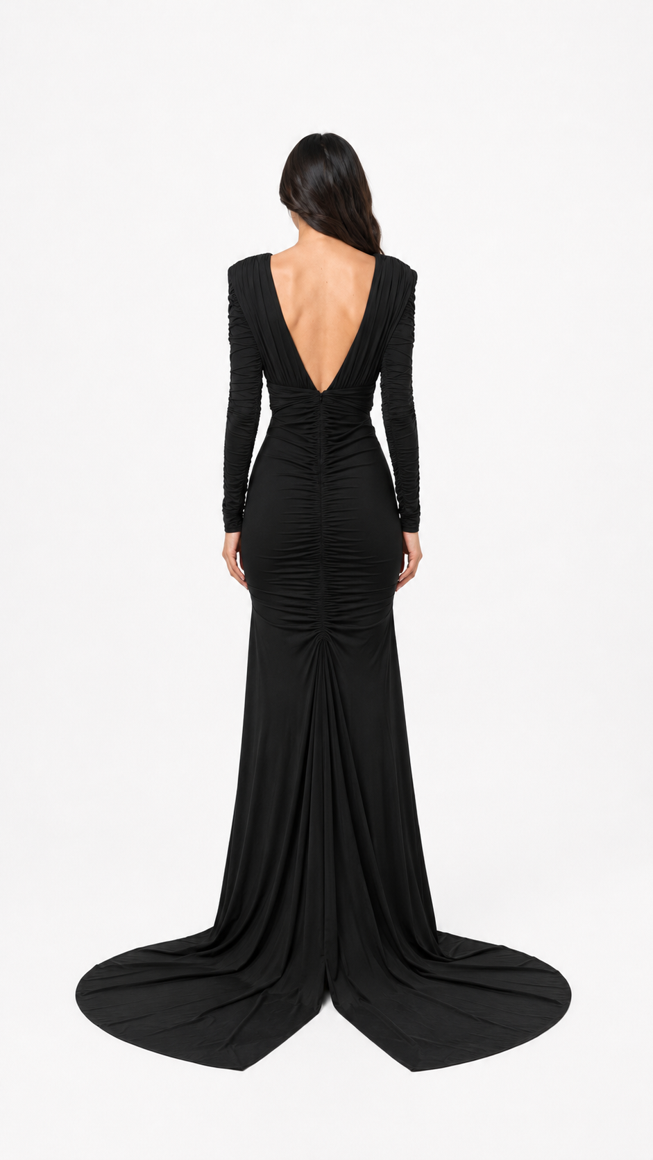 Black Plunge Ruched Mermaid Evening Gown – SELENE
