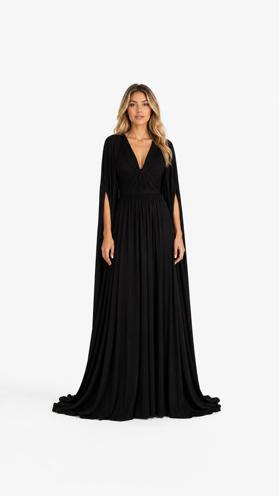 Black Draped Cape Maxi Gown – CELESTIA