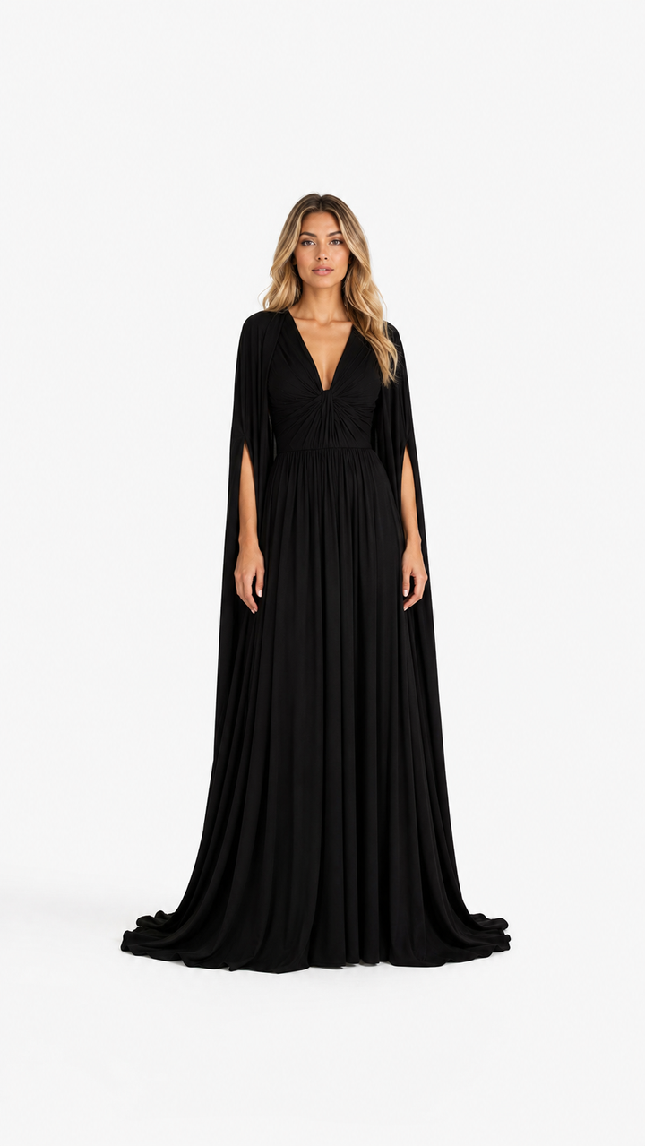 Black Draped Cape Maxi Gown – CELESTIA
