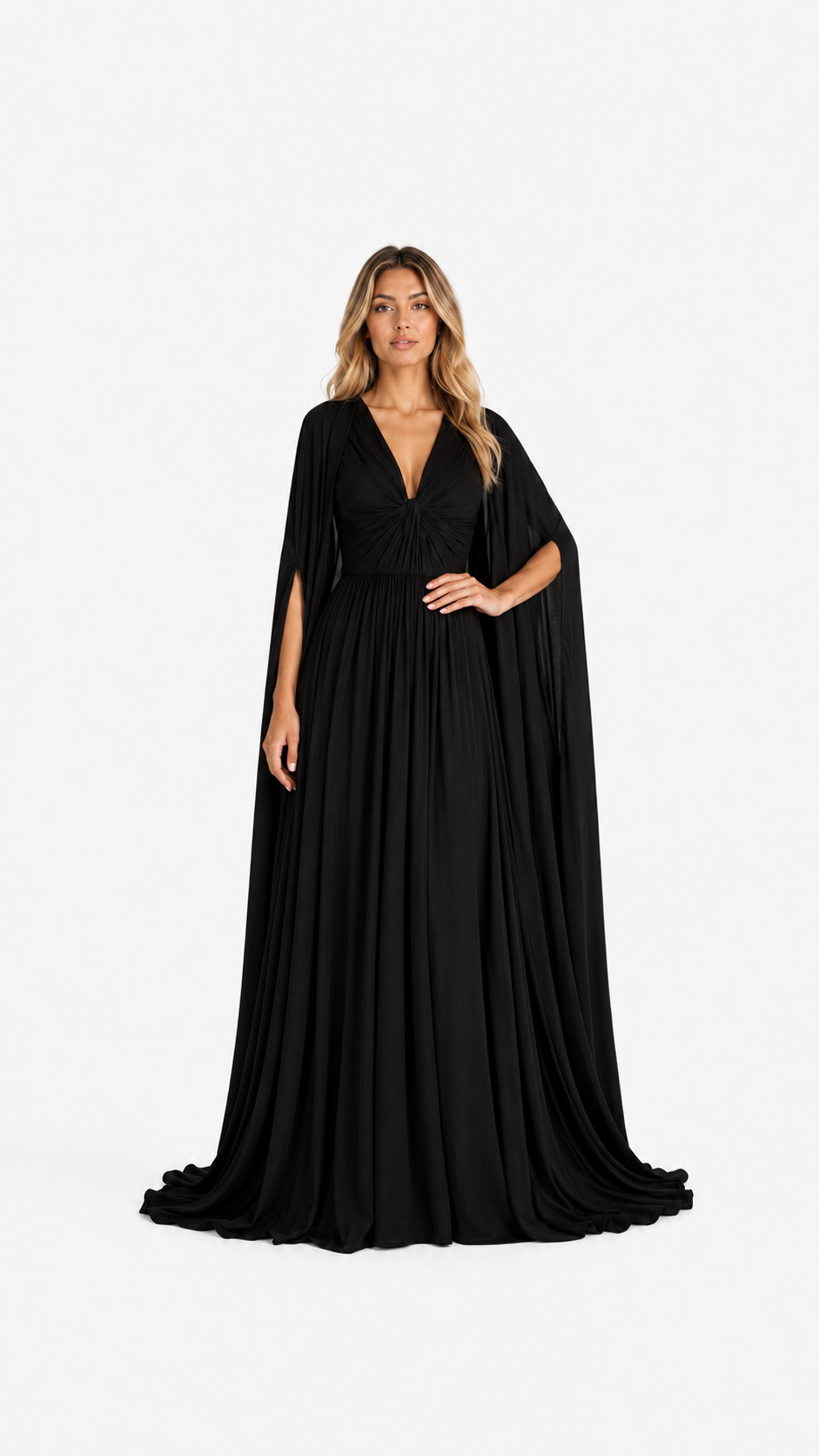 Black Draped Cape Maxi Gown – CELESTIA